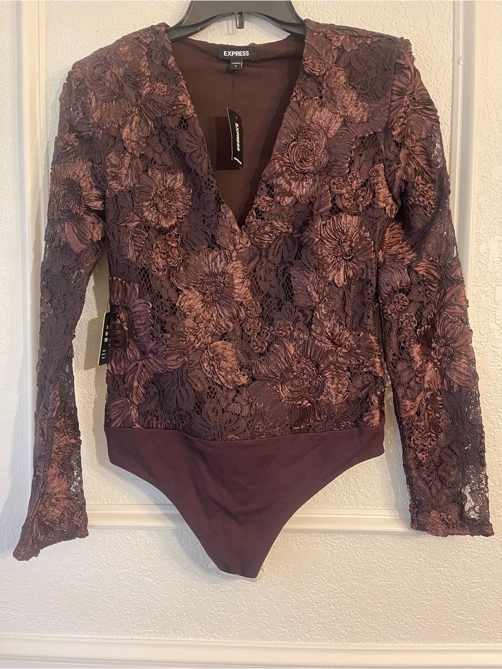 Express Metallic Plum Floral Lace V-Neck Bodysuit